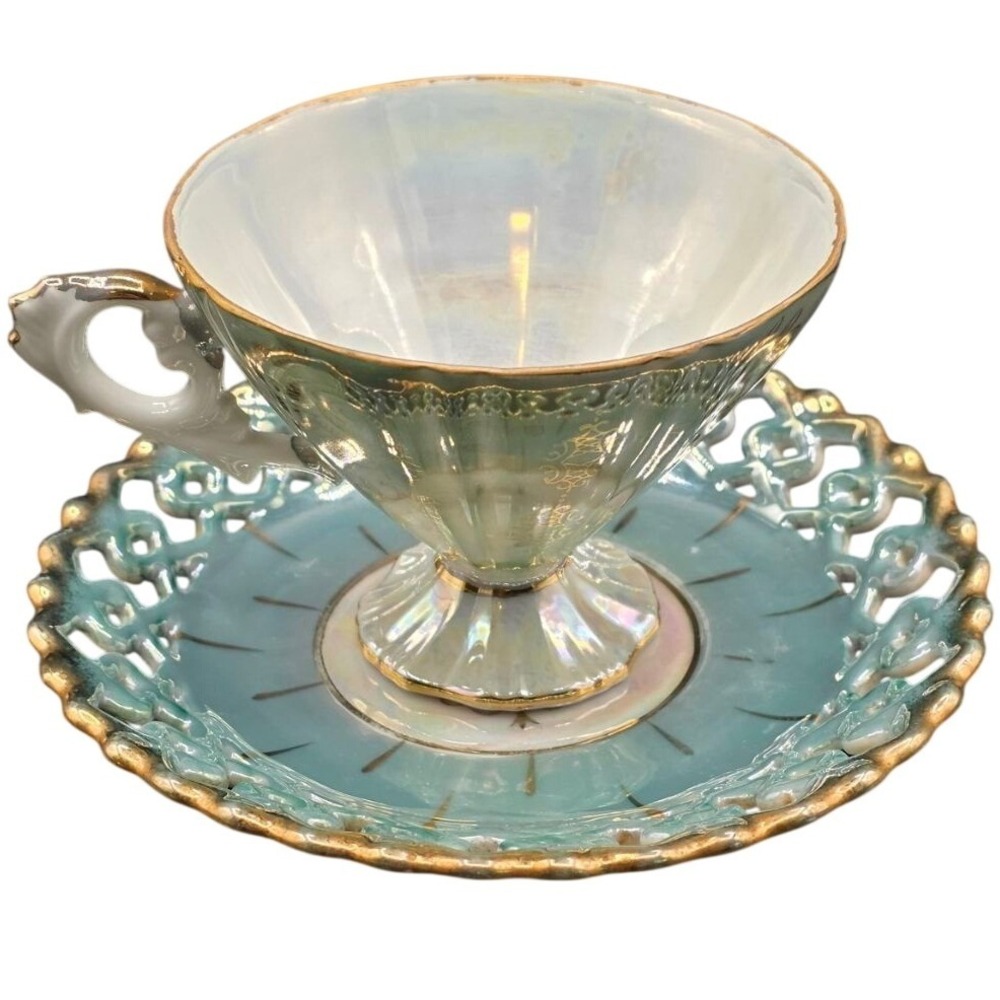 Vintage Fan Crest Japan Lusterware Teacup + Reticulated Saucer Green Gold C-391